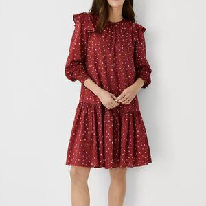 Ann Taylor Red Floral Long Sleeve CottageCore Ruffle Trim Shift Dress TALL